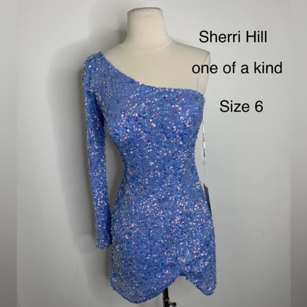 Sherri Hill One-Shoulder Sequin Mini Dress in Periwinkle Blue size 6